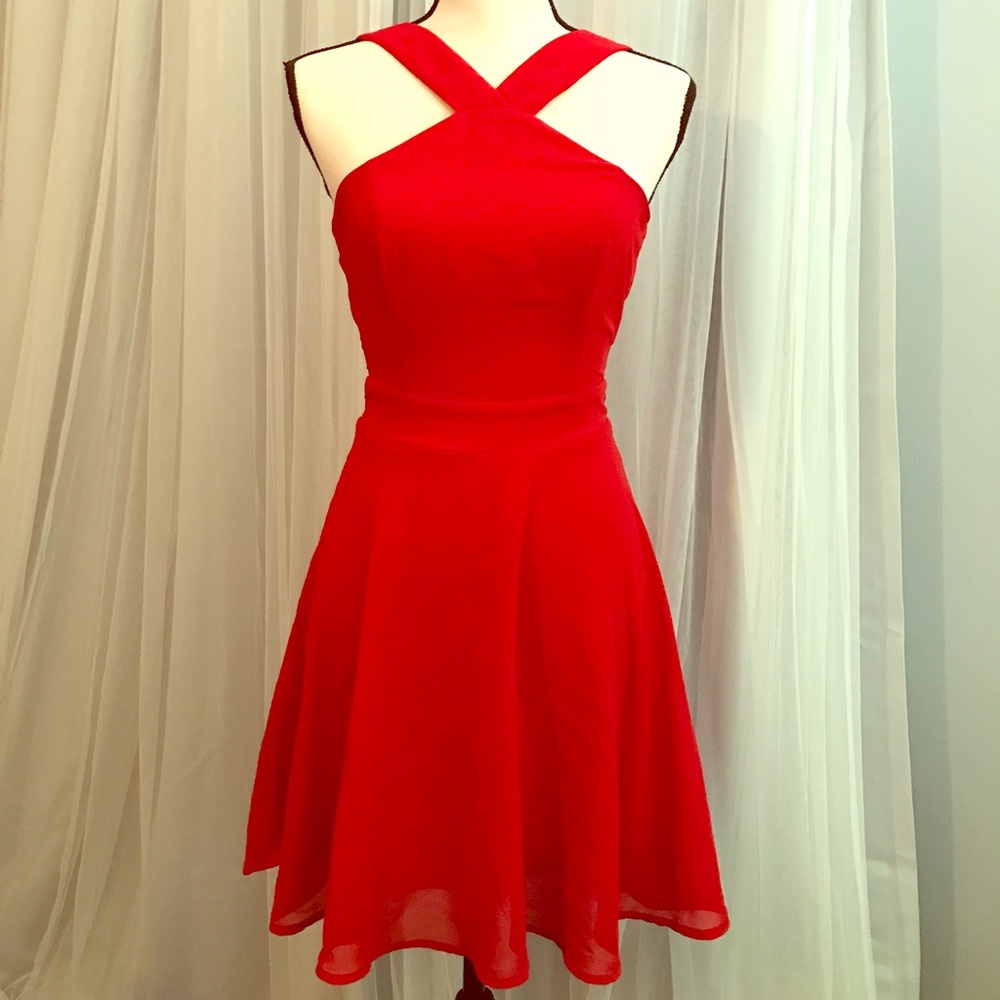 Red high-halter dress with cross-cross design